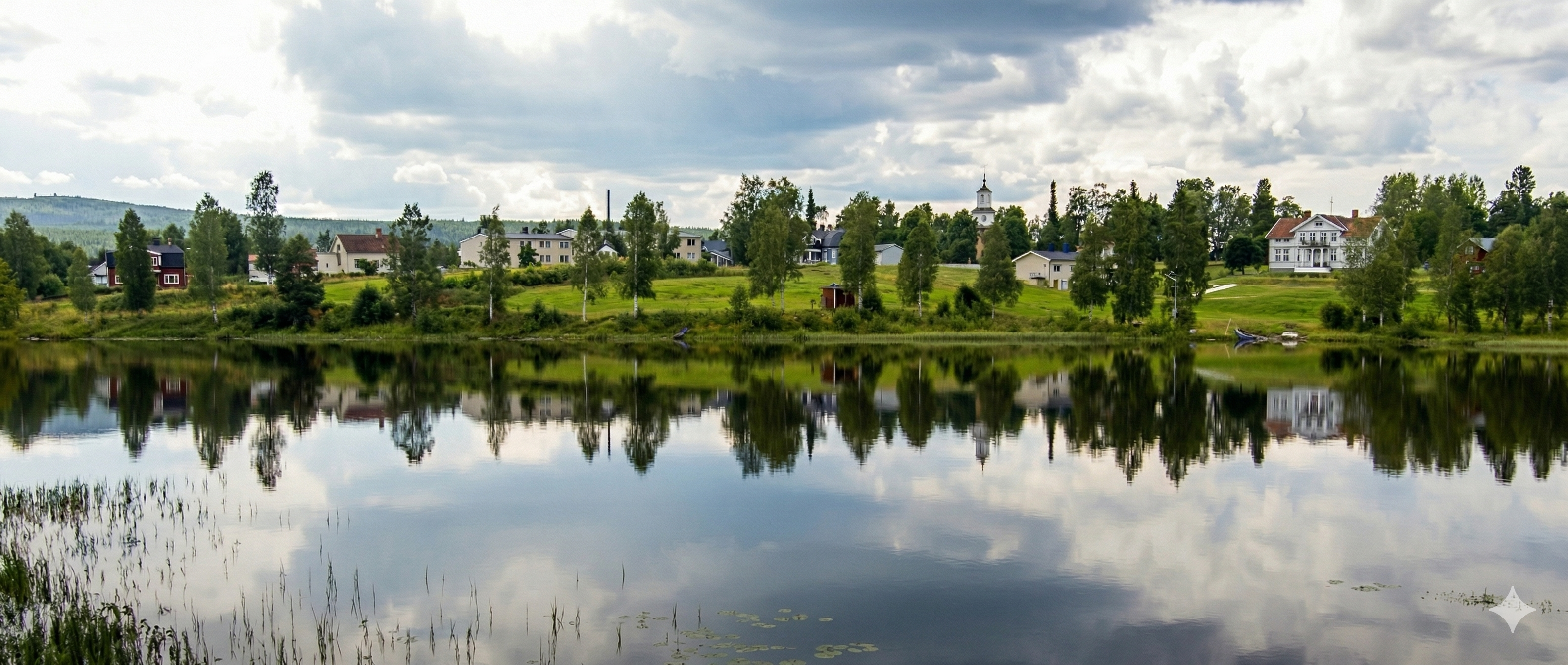 Vy över Backe och Fjällsjön med spegling i vattnet